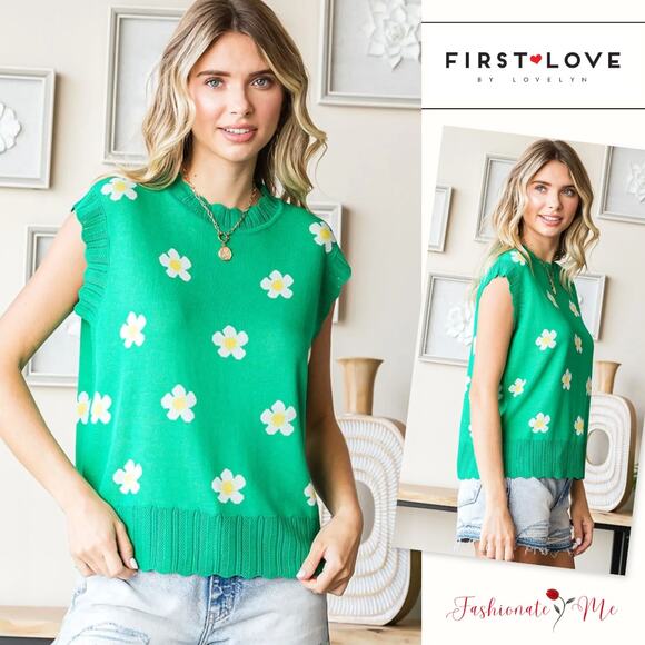 First Love Flower Pattern Crew Neck Ribbed Hem Sleeveless Sweater Vest | Green - Picture 1 of 6